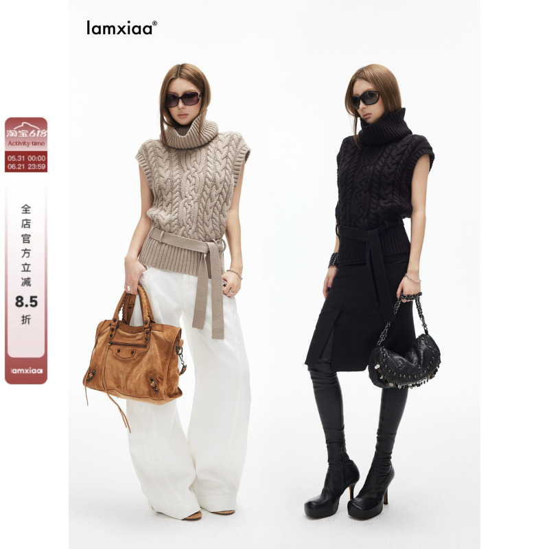 Iamxiaa* Chunky Knit Three-Dimensional Cable Knit Turtleneck with Small Flutter Sleeves and Belt, Cable Knit Sweater Vest, Available in Two Colors