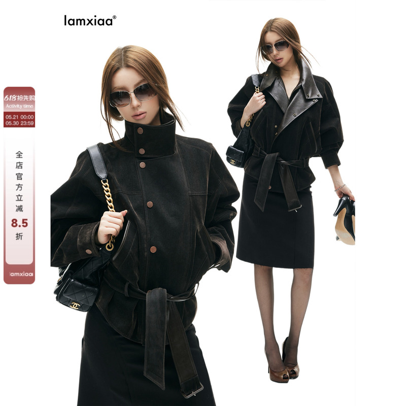 Iamxiaa* Cotton Twill Flocked Denim Patchwork Leather Two-Way Collar Lantern Sleeve Belted Vintage Loose Jacket Coat Iamxiaa* Cotton Twill Flocked Denim Patchwork Leather Two-Way Collar Lantern Sleeve Belted Vintage Loose Jacket Coat