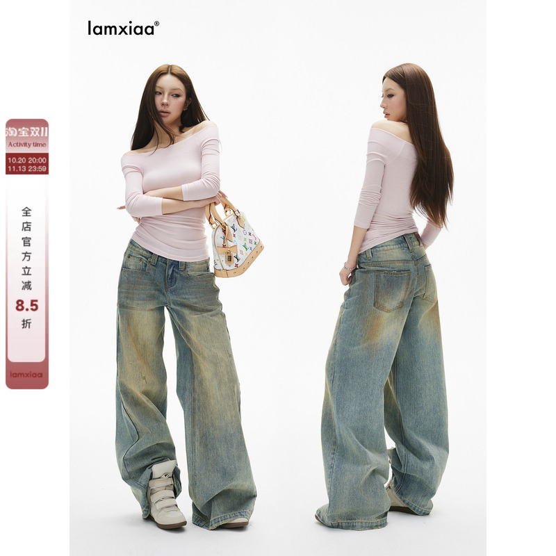Iamxiaa* Street-Style Yellow Mud-Dyed Distressed Low-Rise Wide-Waisted Hand-Frayed Wide-Leg Jeans