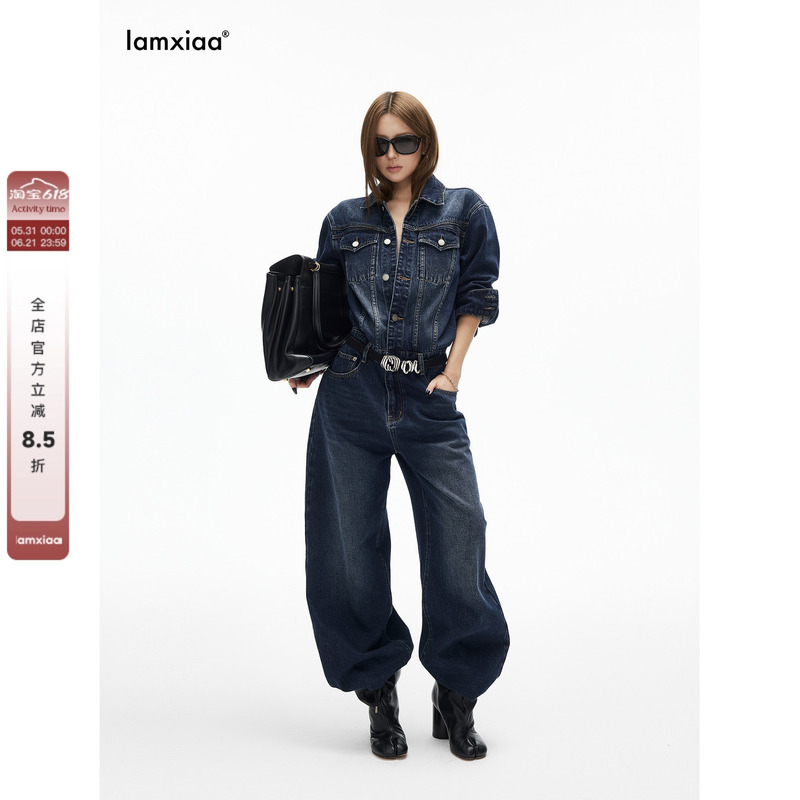 Iamxiaa* High Cotton Content Original Color Denim Distressed Washed Lapel Scimitar Integrated Retro Jumpsuit Iamxiaa* High Cotton Content Original Color Denim Distressed Washed Lapel Scimitar Integrated Retro Jumpsuit