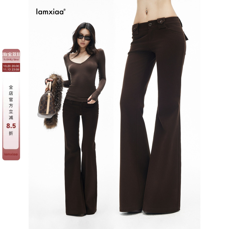 Iamxiaa* Melard Coffee-Colored High-Cotton Twill 90S Low-Rise Buttoned Three-Dimensional Back Pocket Slim-Fit Flared Pants Iamxiaa* Melard Coffee-Colored High-Cotton Twill 90S Low-Rise Buttoned Three-Dimensional Back Pocket Slim-Fit Flared Pants