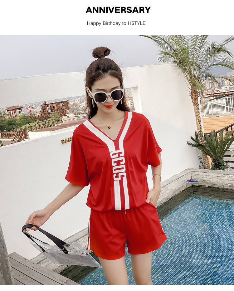 VK旗艦店 韓國學院風短袖字母領t恤學生休閒寬鬆時尚運動服套裝短袖褲裝