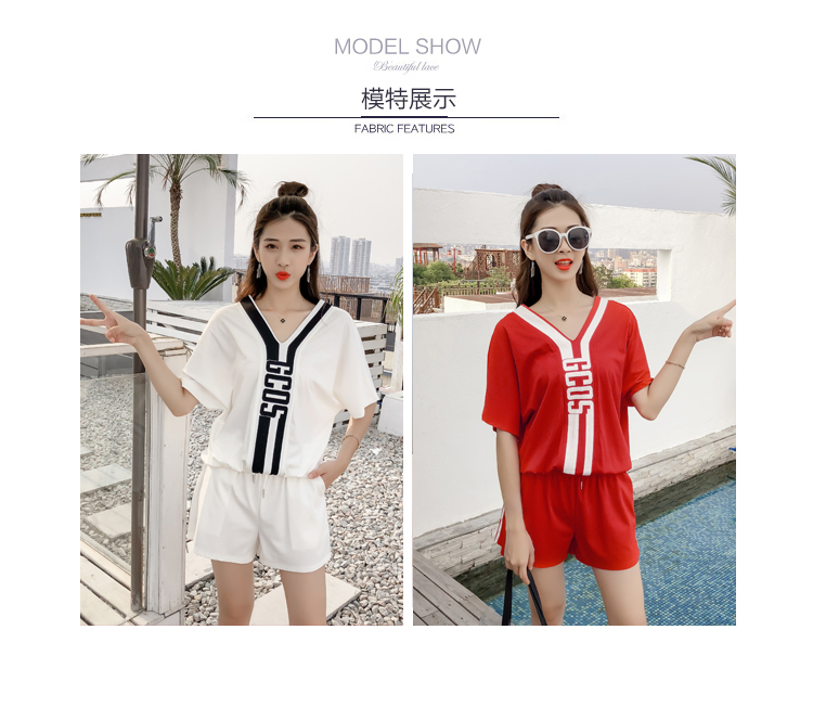 VK旗艦店 韓國學院風短袖字母領t恤學生休閒寬鬆時尚運動服套裝短袖褲裝