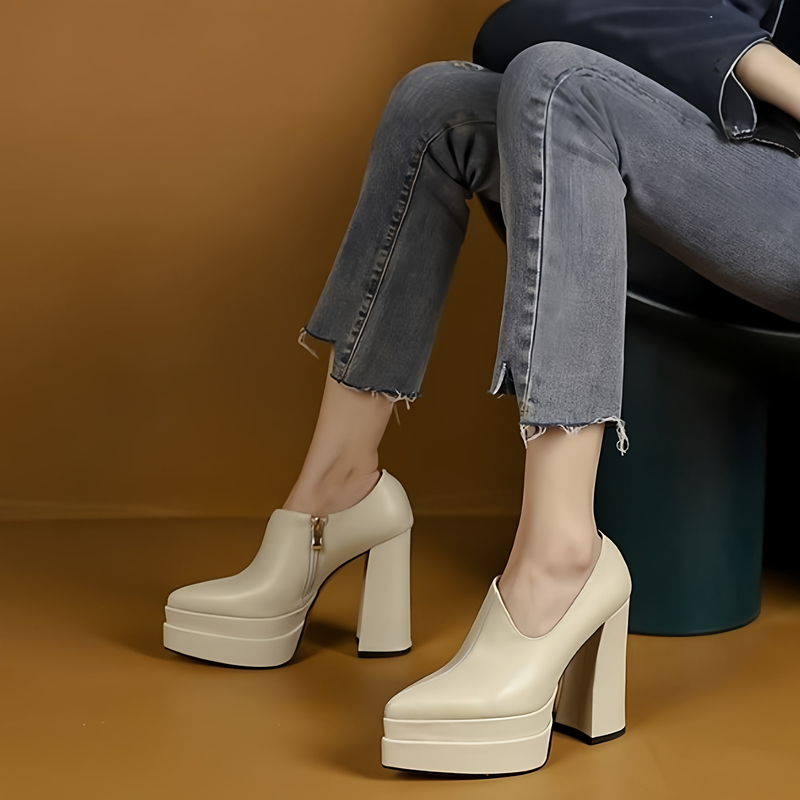 Genuine Leather Waterproof Platform Thick-Soled Women's Shoes 2025 New Style Chunky Heel High Heels Side Zipper Pointed Toe Platform Sole Women's Shoes