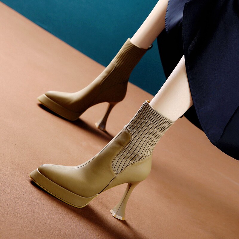 Elegant and Fashionable Pointed Toe Mid-Calf Boots for Women, Autumn and Winter Elastic Sock Boots, Spring Platform Waterproof Chunky High Heels for Women Elegant and Fashionable Pointed Toe Mid-Calf Boots for Women, Autumn and Winter Elastic Sock Boots, Spring Platform Waterproof Chunky High Heels for Women