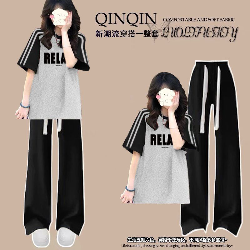 Junior High School Student Sportswear Set, Girl's Short-Sleeved T-Shirt, Loose Casual Wide-Leg Pants, Summer Korean Style Two-Piece Set, Trendy