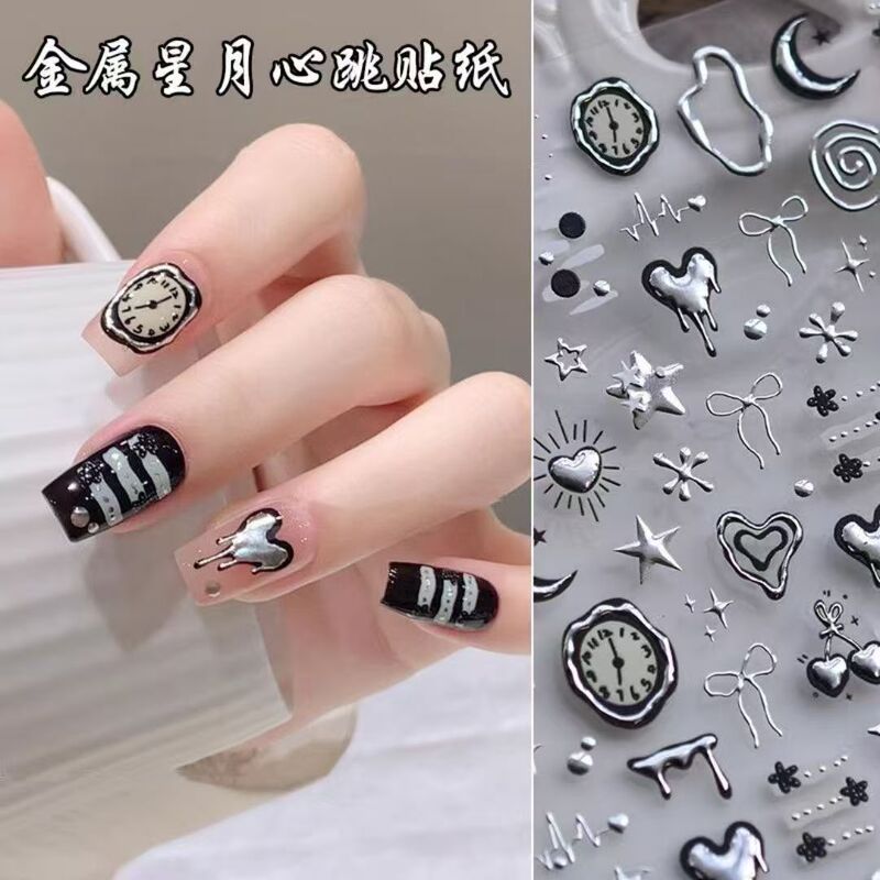 Liquid Metal Silver Heart Nail Stickers ins Clock Star Sweet Cool Y2K Spicy Girl Adhesive Nail Stickers Accessories