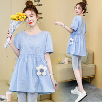 Pregnant woman summer dress one-piece dress Summer style suit Short draw rope blouse jacket Women summer blue fashion t-shirt outwear summer