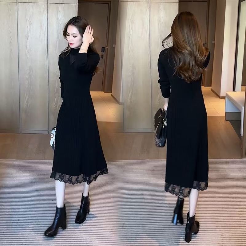 Lace Knitted Dress, Mid-Length, Women's Autumn and Winter, Paired with a Coat, Over-The-Knee, Slim Fit, Slimming, Red Sweater, Base Dress