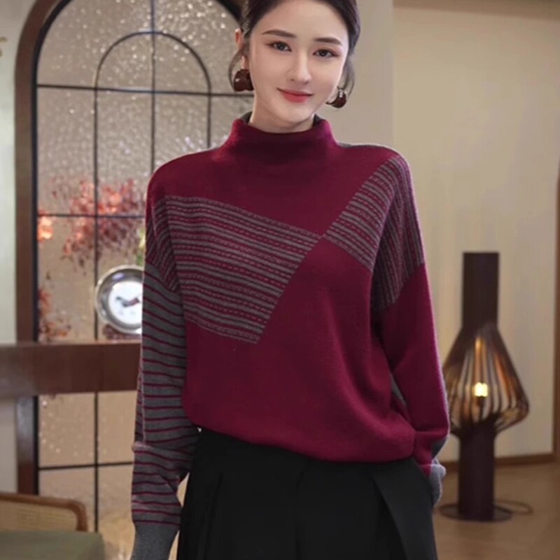 Retro Color-Blocked Turtleneck Sweater for Women, Striped Knitwear, Reversible, Stylish, Loose-Fitting, Slimming Base Shirt, Long-Sleeve Top