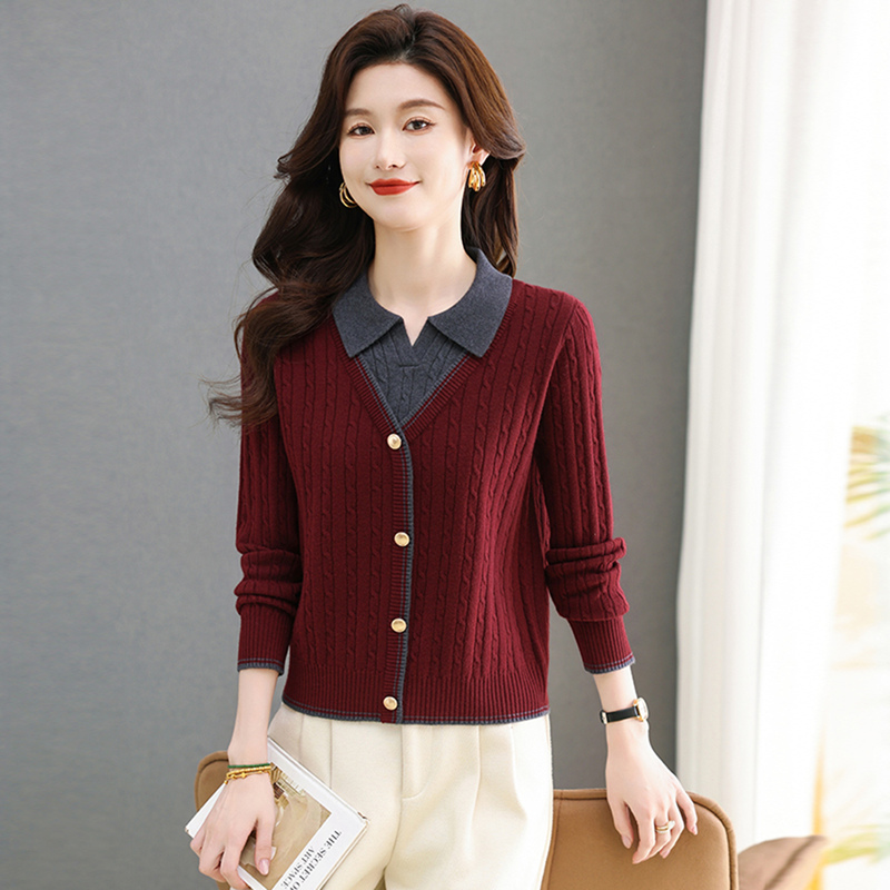 Fake Two-Piece Sweater Knit Top for Women, Autumn and Winter, Polo Collar, Patchwork Shirt, Stylish Loose Inner Layering Top