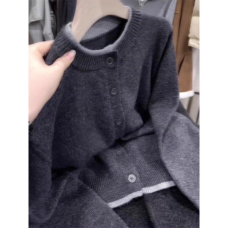 European Style Lazy Retro Dark Gray Round Neck Knitted Cardigan for Women, Autumn and Winter Fake Two-Piece Loose Sweater Coat