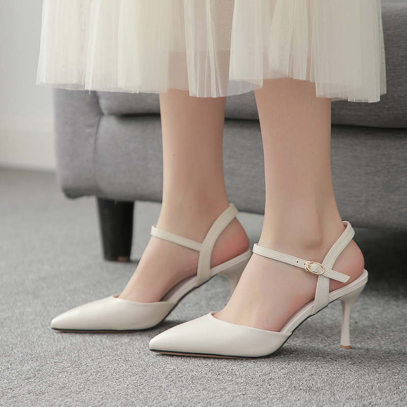 2025 Summer New Off-White Stiletto High Heels Women's Pointed Toe Soft Leather Hollow Buckle Strap Genuine Leather Sandals 2025 Summer New Off-White Stiletto High Heels Women's Pointed Toe Soft Leather Hollow Buckle Strap Genuine Leather Sandals