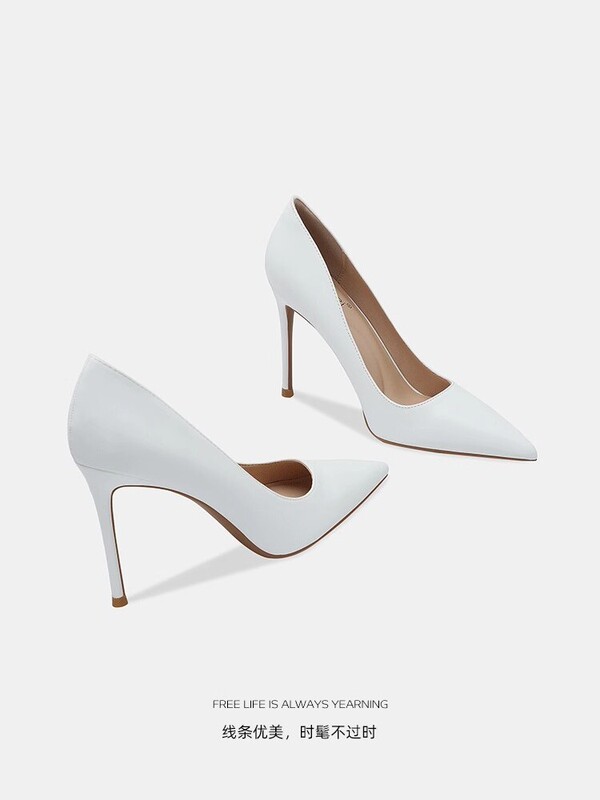 Genuine Leather White High-Heeled Shoes for Women 2025 New Style Stiletto Pointed Toe Sheepskin Matte Elegant Professional Art Exam Black Single Shoes