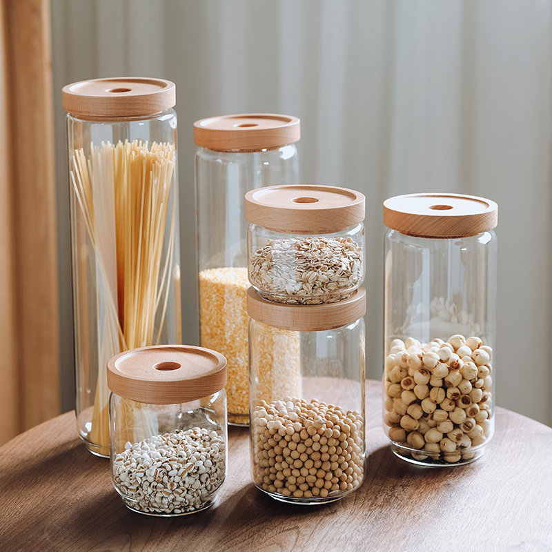 Multigrain Coffee Bean Sealed Can Beech Wood with Lid Japanese Style Glass Bottle Kitchen Storage Jar Food Grade Tea Storage Jar - Taobao