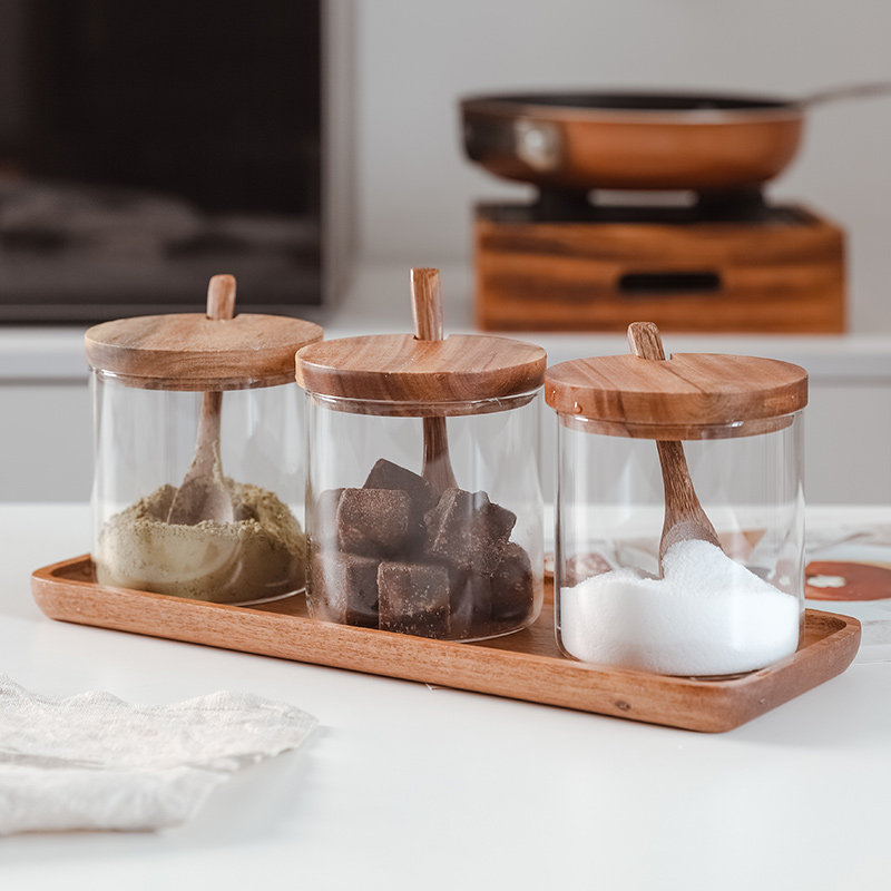Aijia home glass seasoning jar kitchen utensils salt sugar jar acacia wooden lid wooden spoon seasoning box set combination - Taobao