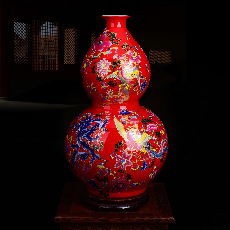 Jingdezhen ceramics large vase Chinese red gourd dragon and phoenix living room feng shui floor home porch decoration ornaments