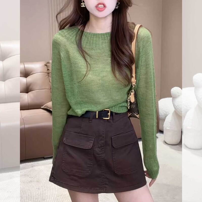 Green Round-Neck Long-Sleeved Knit Top for Women, Spring Inner Layer Base Shirt, 2026 New Style, High-End, Relaxed and Versatile Top