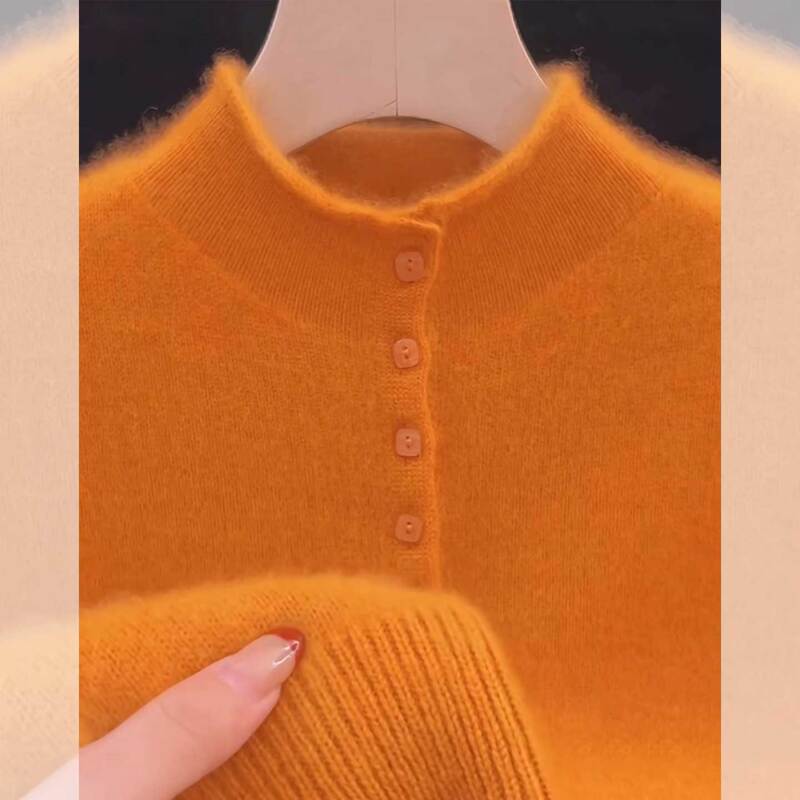 Orange Button-Down Half-High Collar Long-Sleeve Knit Sweater for Women, Spring Sweater, Base Layer, 2026 New Design Top