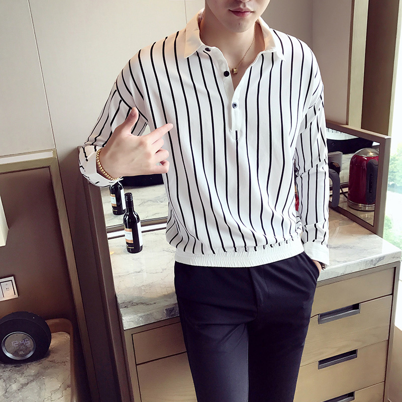 Spring and autumn men's long-sleeved T-shirt Korean version handsome striped polo shirt loose casual cotton casual top men's trend