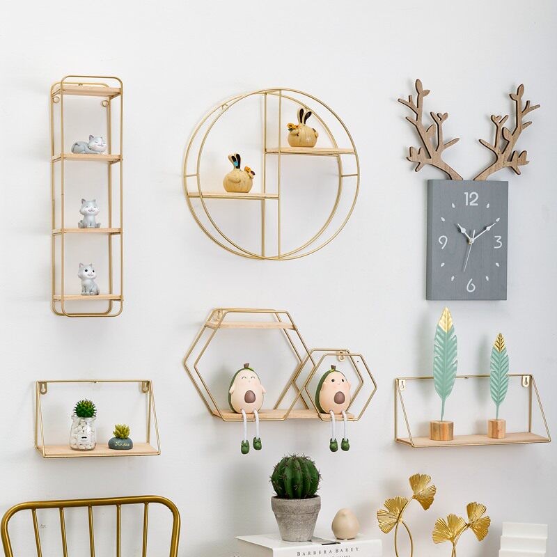 Nordic Light Lavish Wind Wall Deco Hanging Accessories Creative Living Room Bedroom Wall Wall-mounted Iron Art Free From Punching Shelf