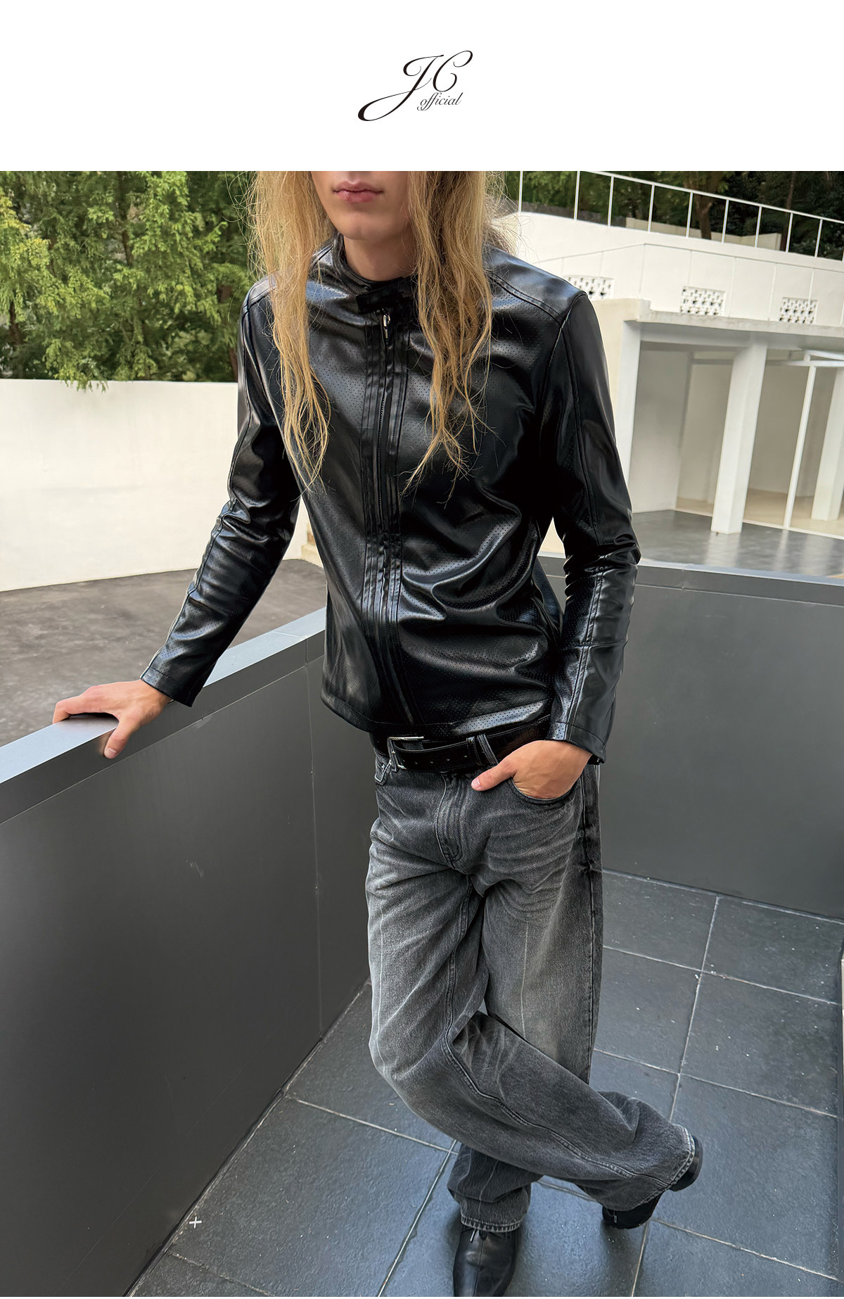 JCAESAR Slim Fit Mesh Leather Jacket