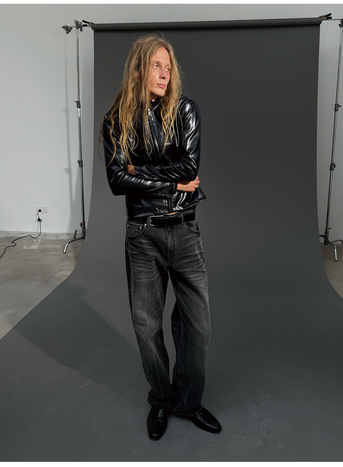 JCAESAR Slim Fit Mesh Leather Jacket