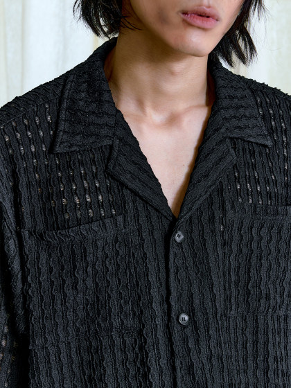 JCAESAR SPRIDER WEB 蛛网短袖衬衫黑色 褛空网格肌理 短宽版型