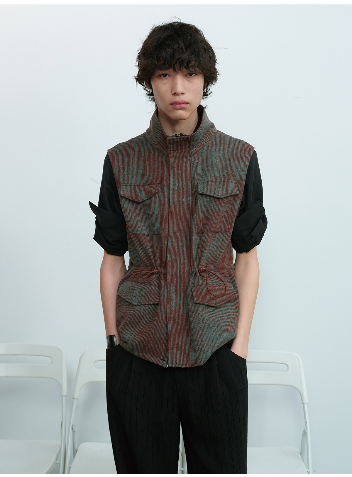 JCAESAR Blue-Brown Striped Four-Pocket Drawstring Vest
