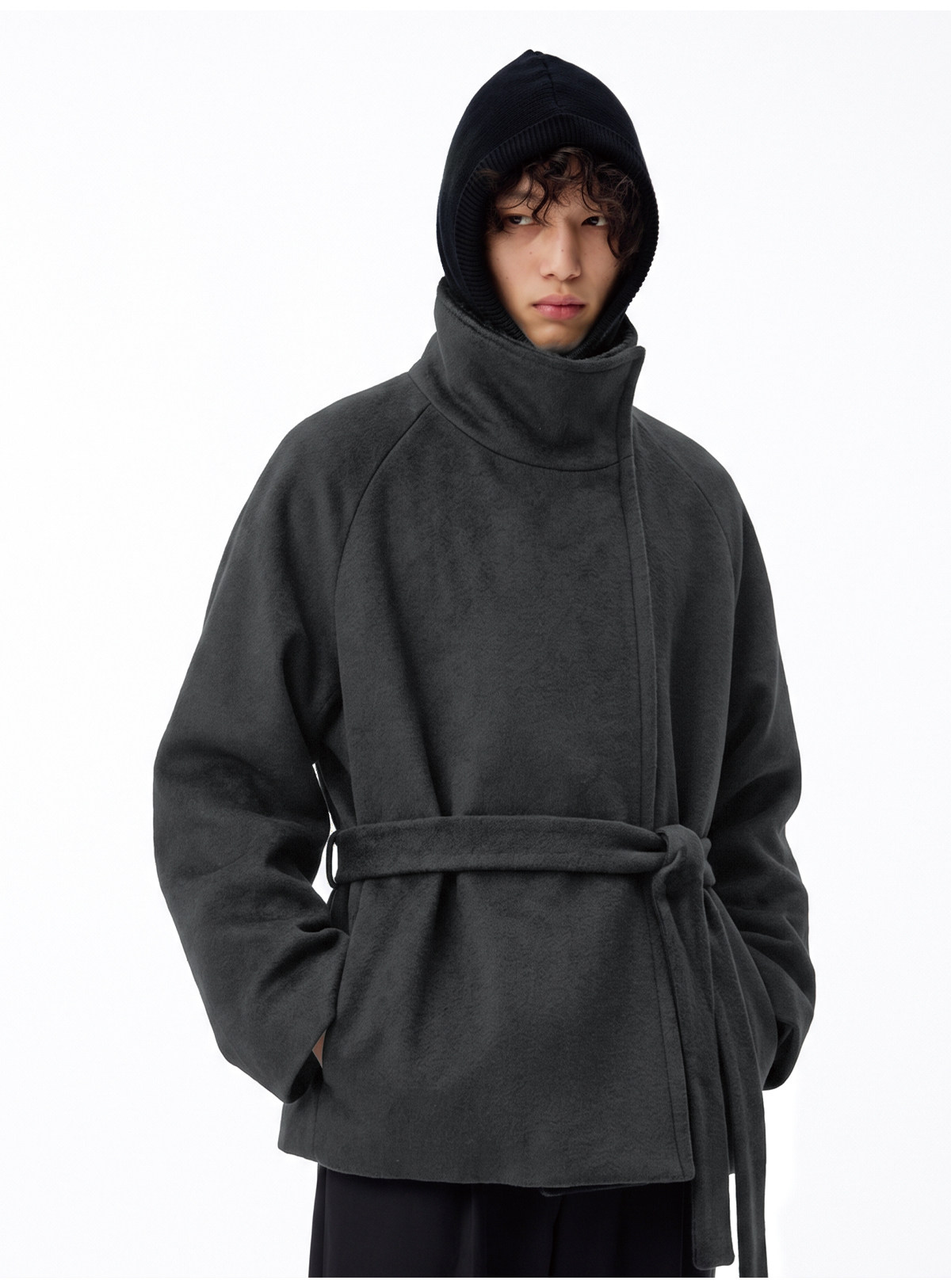 JCAESAR Diagonal Zip Tie Wool Long Coat