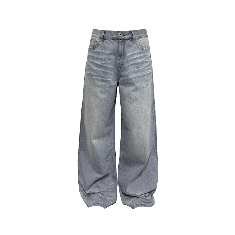 Jcaesar Denims Light Blue-Gray Washed Jeans, High-Weight Denim, High-Temperature Pleating, Straight-Leg Slightly Wide