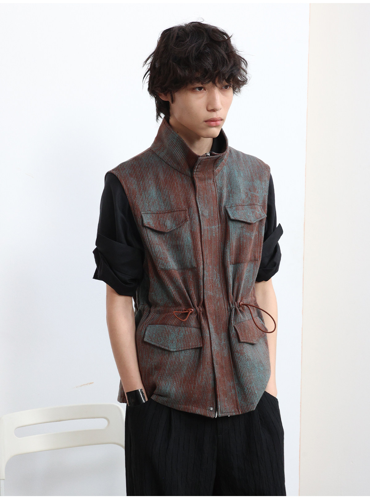 JCAESAR Blue-Brown Striped Four-Pocket Drawstring Vest