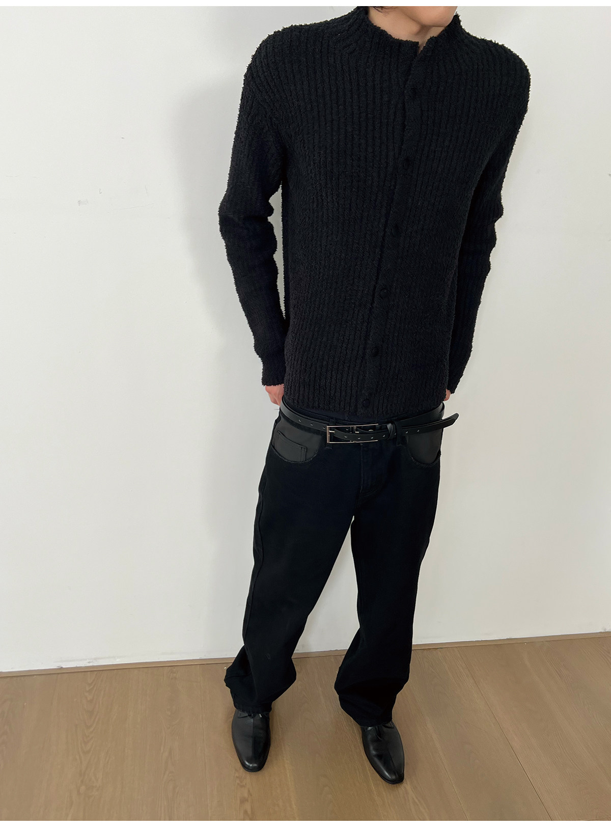 JCAESAR Ribbed Slim-Fit Black Cardigan