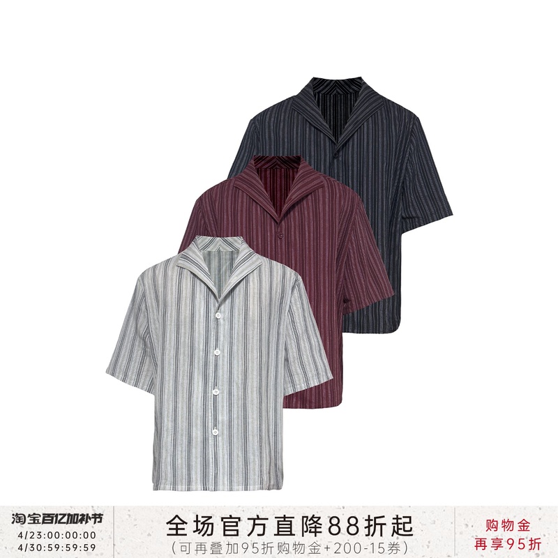 Jcaesar Shirt One-Collar Striped Short-Sleeve Shirt, Intercolor Stripes, Cotton and Linen Texture, Comfortable and Breathable