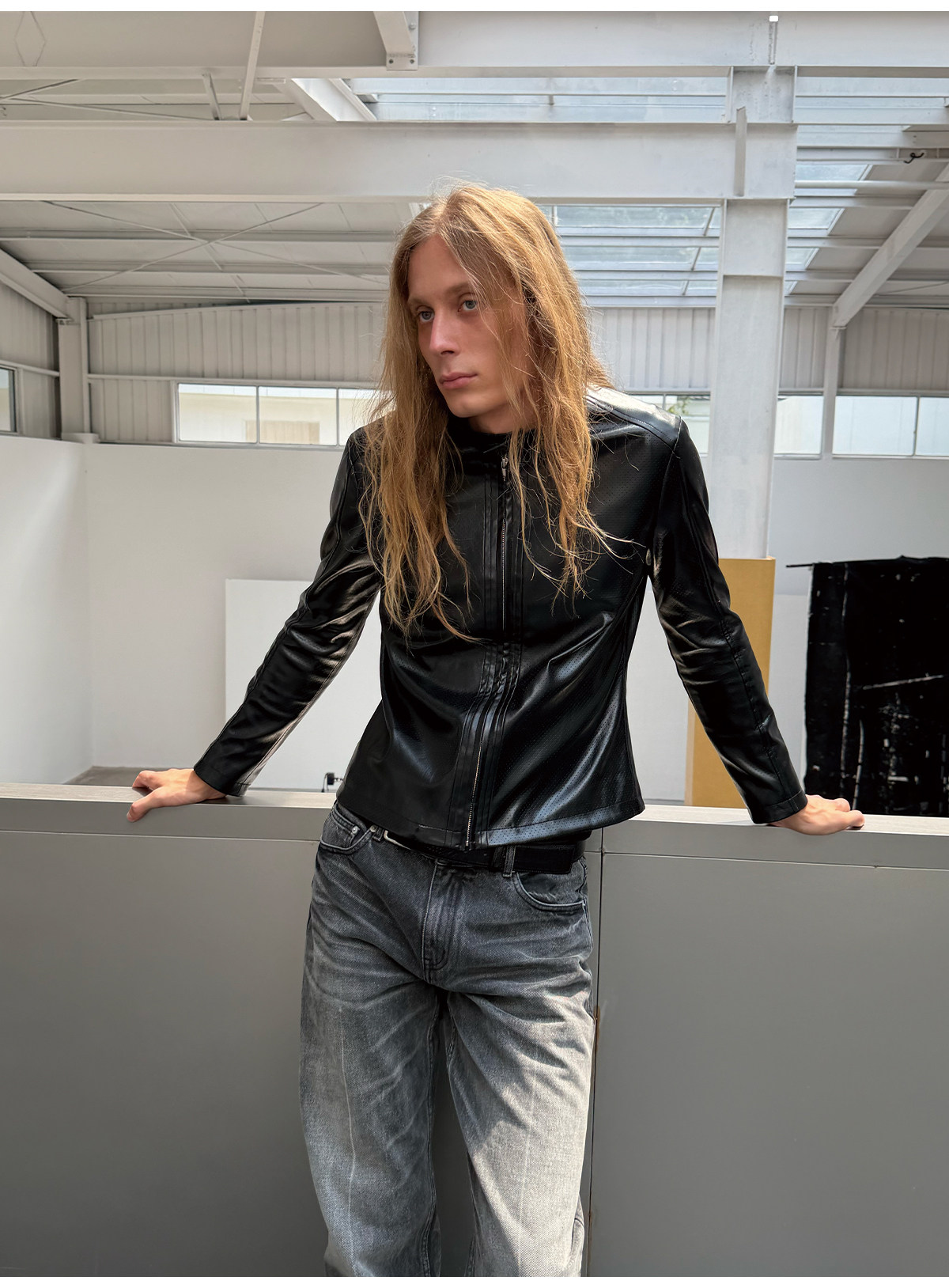 JCAESAR Slim Fit Mesh Leather Jacket