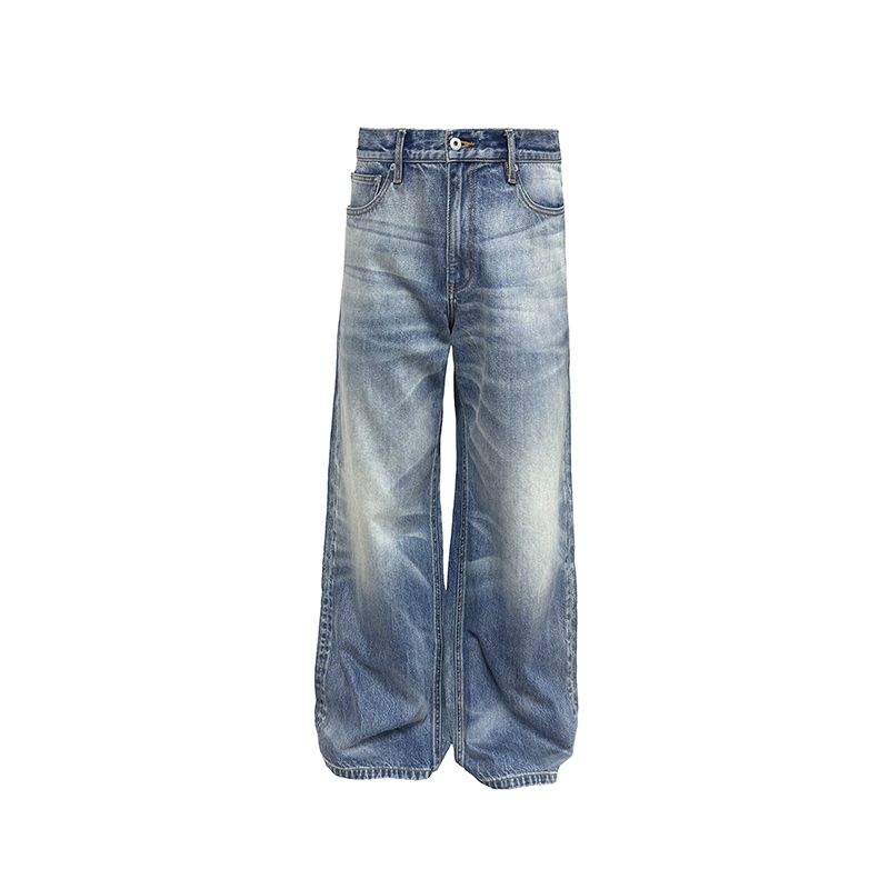 Jcaesar Denims Gray-Blue Wide-Leg Jeans, Neat and Stiff, Whiskered Texture, Loose Straight-Leg Pants