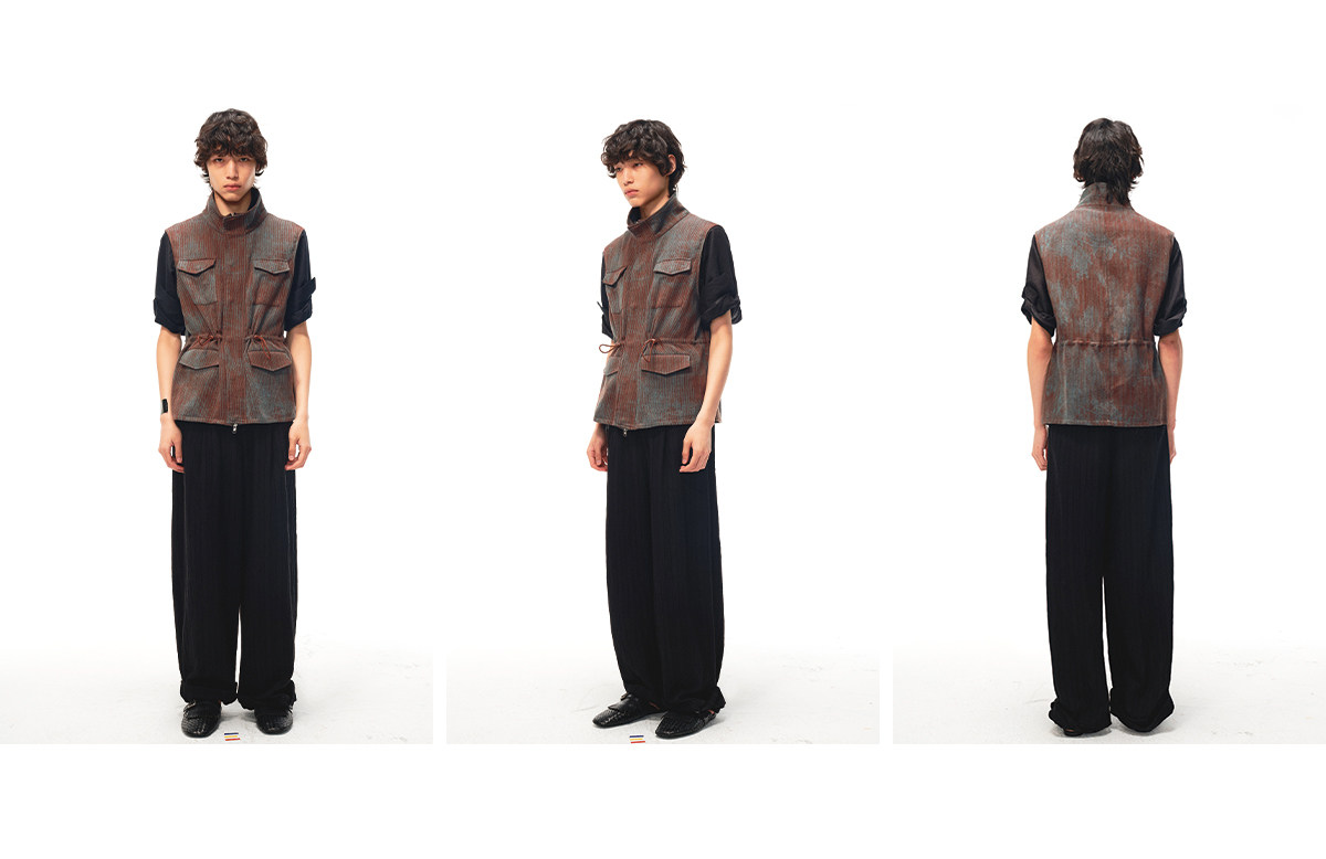JCAESAR Blue-Brown Striped Four-Pocket Drawstring Vest