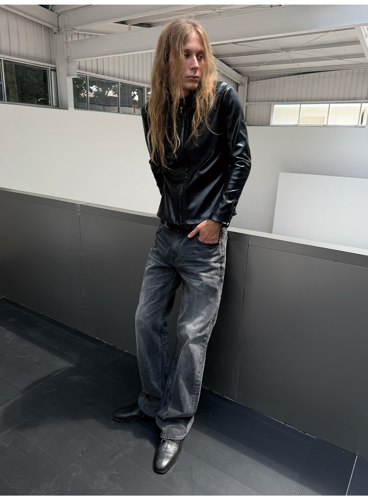 JCAESAR Slim Fit Mesh Leather Jacket