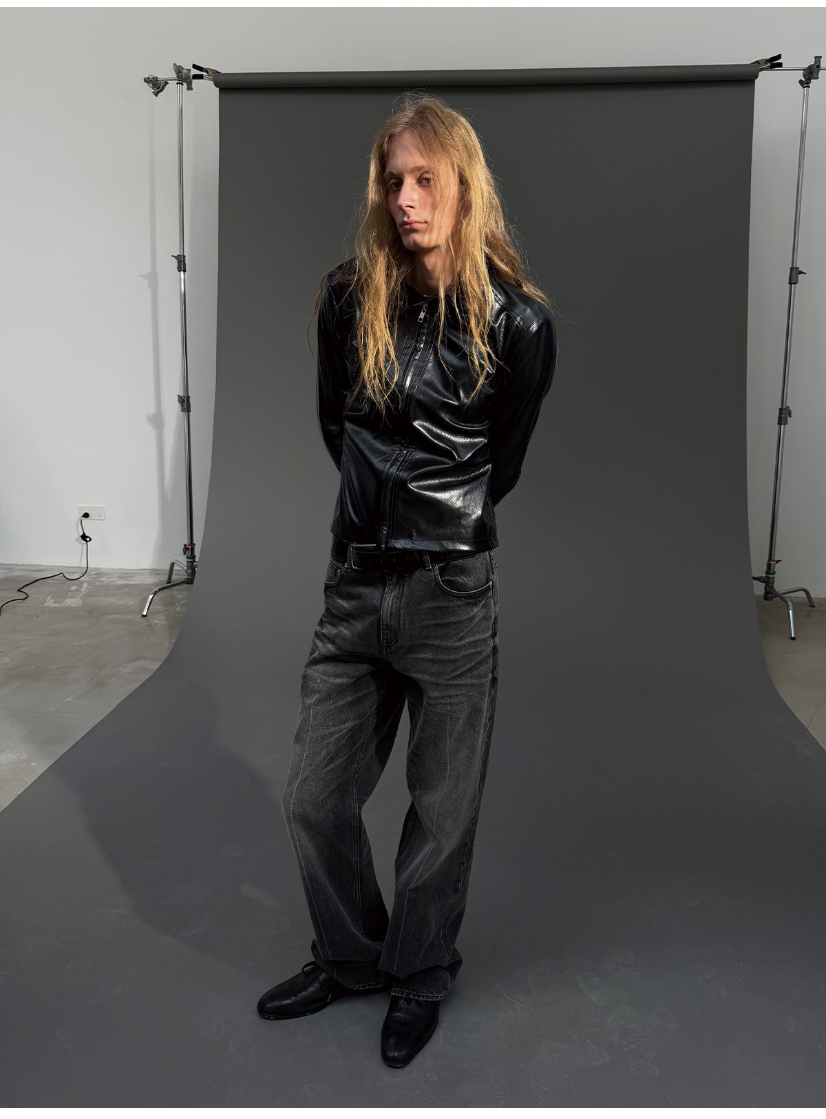 JCAESAR Slim Fit Mesh Leather Jacket