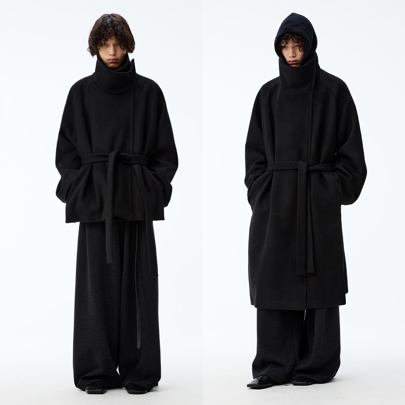 Jcaesar Coat Diagonal Zipper Lace-Up Coat, High Weight 60% Wool, Slightly Loose Fit, Available in Both Long and Short Versions