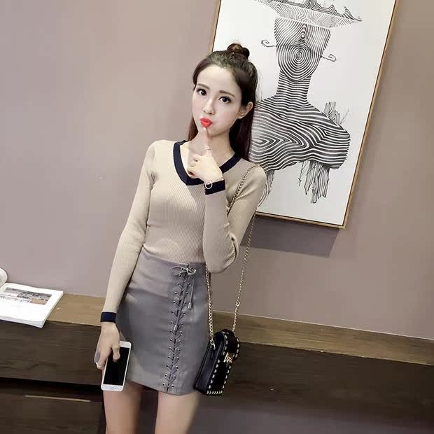 Mùa thu mới thời trang hoang dã màu v-cổ áo len dài tay nữ Slim là áo len mỏng nữ khí chất áo khoác len nữ ngắn