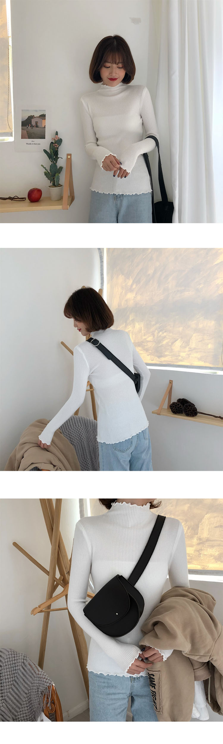 2018 phiên bản mới của Hàn Quốc của chiếc áo len cổ lọ bằng gỗ có cổ màu nâu áo len thổ cẩm