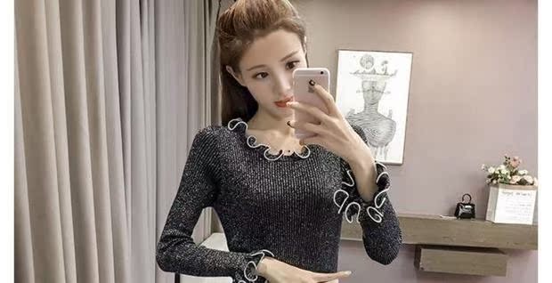 Xuân 2018 mới và cổ tròn áo len lụa mỏng áo len nữ kèn tay dài bó sát áo sơ mi mẫu áo len đẹp 2021