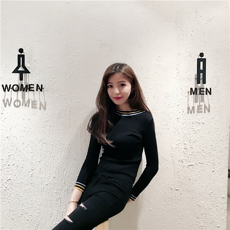 Retro Hàn Quốc chic màu tương phản sọc cổ áo ren đáy áo sơ mi mỏng phần dài tay áo thun áo len áo khoác len mỏng