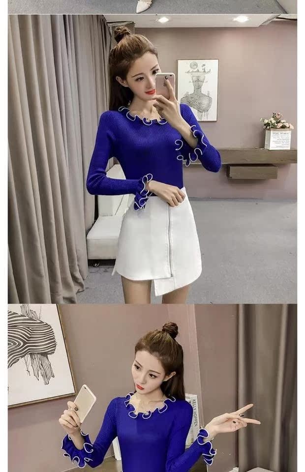 Xuân 2018 mới và cổ tròn áo len lụa mỏng áo len nữ kèn tay dài bó sát áo sơ mi mẫu áo len đẹp 2021