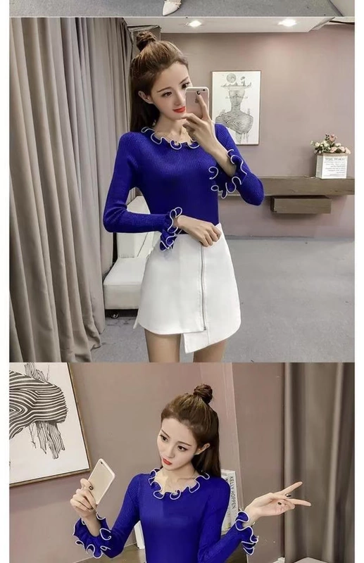 Xuân 2018 mới và cổ tròn áo len lụa mỏng áo len nữ kèn tay dài bó sát áo sơ mi áo len đôi