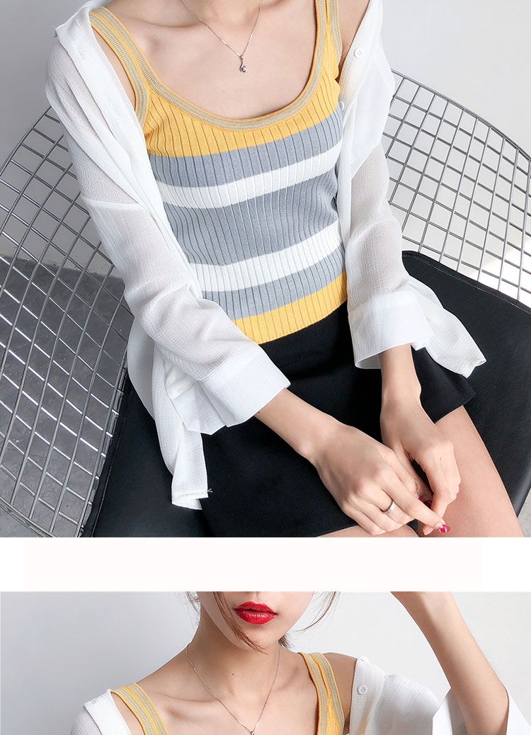 Hàn Quốc chic gió Slim vai dây đeo yếm sọc lớn Hồng Kông hương vị áo len hoang dã retro áo sơ mi nữ áo nữ