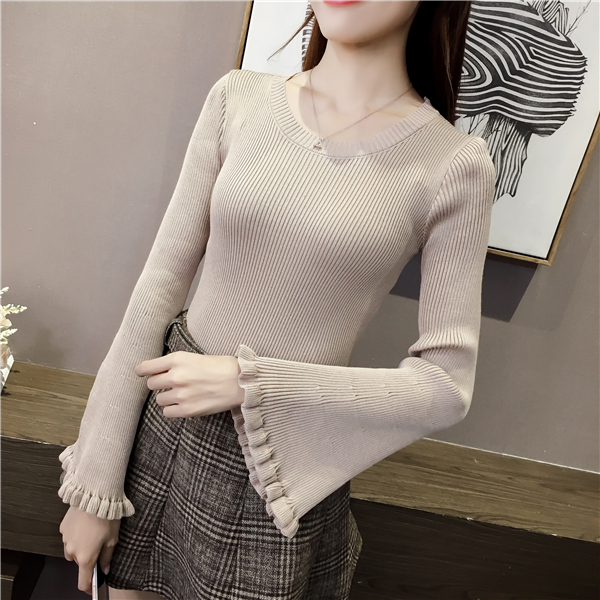 Thời trang mới bằng gỗ kèn tay áo len mùa thu và mùa đông Phiên bản mới của Hàn Quốc tự may áo thun cổ tròn áo dài tay nữ áo len nữ hàng hiệu