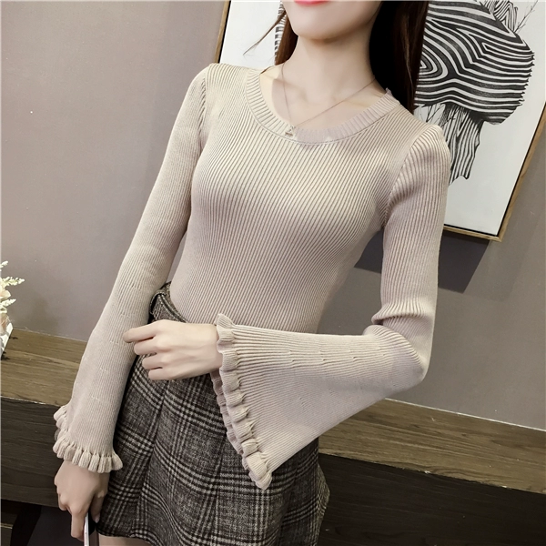 Thời trang mới bằng gỗ kèn tay áo len mùa thu và mùa đông Phiên bản mới của Hàn Quốc tự may áo thun cổ tròn áo dài tay nữ áo phông