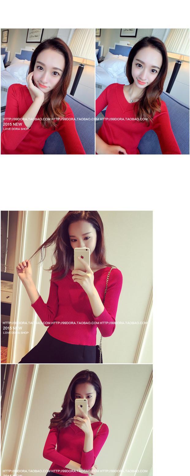Mùa xuân 2018 mới phiên bản Hàn Quốc của áo len cổ chữ V lệch cổ nữ dài tay Slim áo sơ mi họa tiết ngắn tay áo len cổ cao